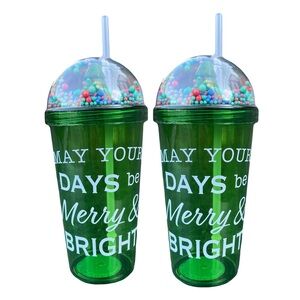 2 Pcs oF Green Holiday Party Tumblers with Straw